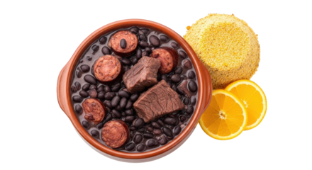 Brazilian feijoada recipe with black beans meat sausage and orange slices delicious traditional food on transparent background