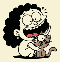 Playful Cartoon Character Embracing a Cute Cat Illustration in Vector Art
