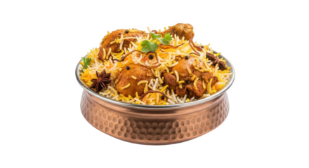 Delicious chicken biryani in copper bowl indian cuisine flavorful rice dish food photography and presentation on transparent background