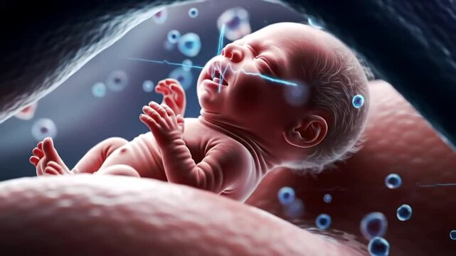 A serene baby in utero with heart monitor and cells floating in amniotic fluid view