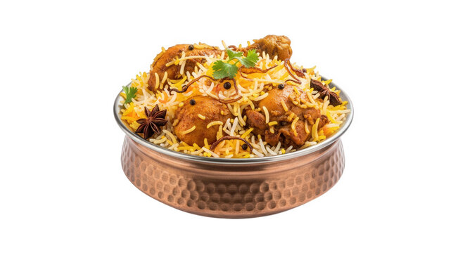 Delicious chicken biryani in copper bowl indian cuisine flavorful rice dish food photography and presentation on transparent background