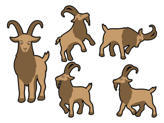 Cute Cartoon Goat Vector Set, Brown Farm Animal Characters with Curved Horns.