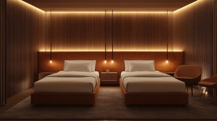 Guest bedroom interior with twin beds, matching nightstands, soft lighting, and welcoming details in a compact layout