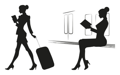 Elegant Silhouette of Woman Traveling with Luggage and Reading Book