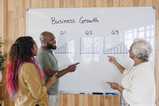 Diverse business colleagues presenting quarterly Business Growth trends on whiteboard with handwritten graphs
