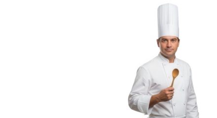 Professional chef portrait with wooden spoon culinary expert in white uniform cooking food industry on transparent background