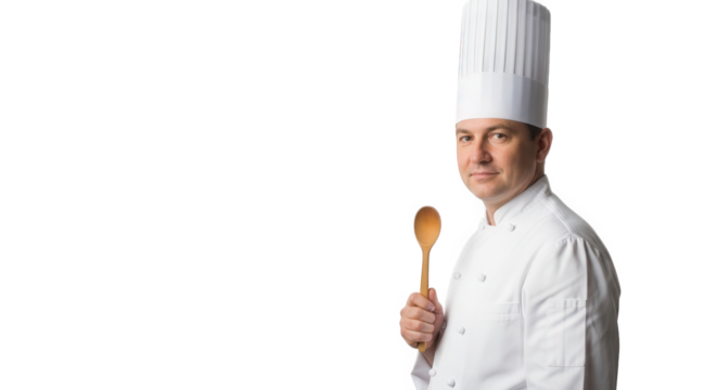 Professional chef portrait with wooden spoon in kitchen for culinary arts and cooking schools image design on transparent background