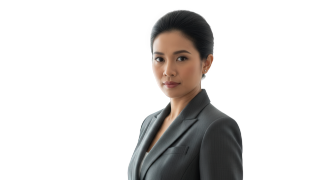 Professional asian businesswoman portrait in gray suit for corporate headshot photography style guide on transparent background