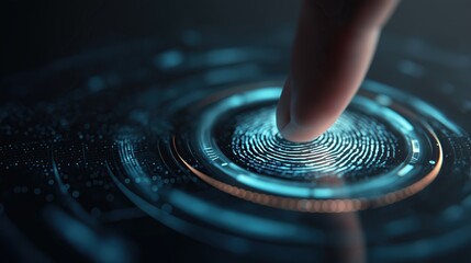 Hand hovering over fingerprint scanner on futuristic interface