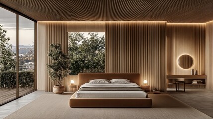 Modern wooden bedroom with panoramic views.