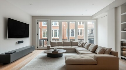 Fototapeta premium Light-filled modern living room with sectional sofa, wall-mounted TV, and minimalist decor