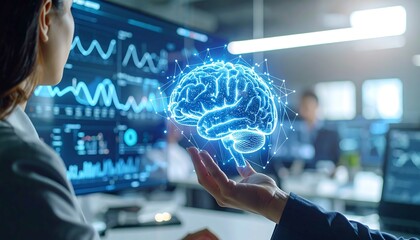 Innovative UX Researcher Navigating Interface in Startup Workspace with Brainwave Icon