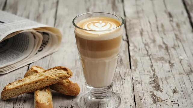 A glass of latte with a heart design on top, accompanied by biscotti cookies. A newspaper lies on a rustic wooden table, creating a cozy coffee moment.
