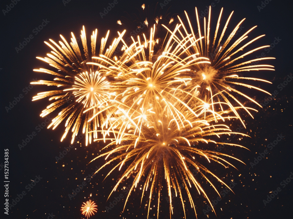 Wall mural a vibrant photograph capturing multiple golden fireworks exploding in the dark night sky, creating a