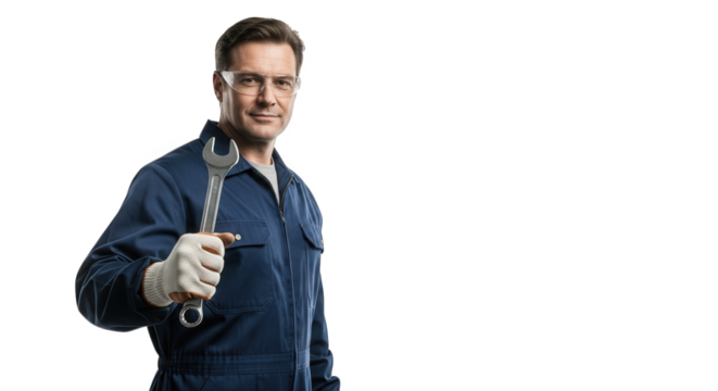 Professional mechanic holding wrench tool offering repair services isolated on black backdrop on transparent background