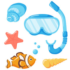 Mask for swimming, snorkeling. Seashells and starfish, clown fish. Vector flay style illustrations. Underwater glasses. Isolated on white background