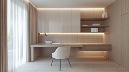 Fototapeta premium Minimalist studio workspace with clean desk, task lighting, shelves, and neutral colors creating a focused vibe