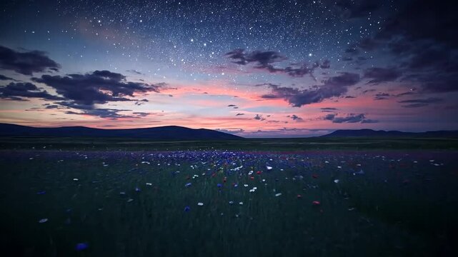 Starry night over a field of wildflowers