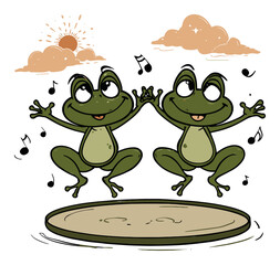 Fototapeta premium Happy Frogs Jumping with Musical Notes in Fun Vector Illustration