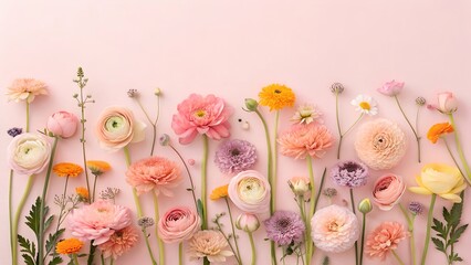 Pastel pink and orange flower arrangement on pink background