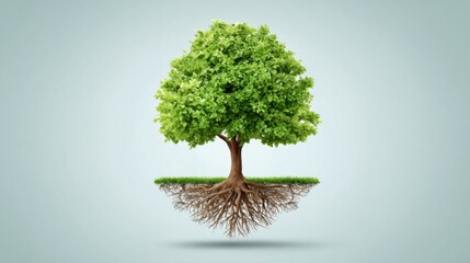 The growth concept of corporate mergers. A vibrant green tree with exposed roots appears to float, symbolizing growth, stability, and connection between visible and hidden elements.