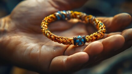 Exquisite braided bracelet rests in an open hand, showing intricate details and craftsmanship.