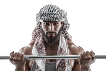 Muscular Man in Traditional Headdress Lifting Barbell Intense Gaze