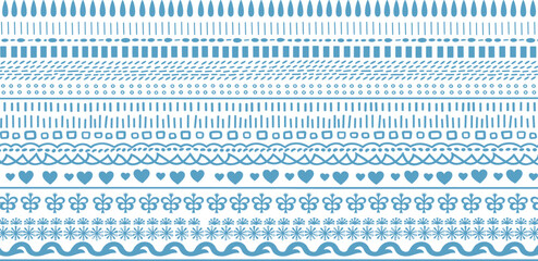 Hand drawn blue stripes on white background. Vector striped seamless pattern. Tropical costal print, cute summer lines, polka dot, flowers, spots, stroke element for textile design,