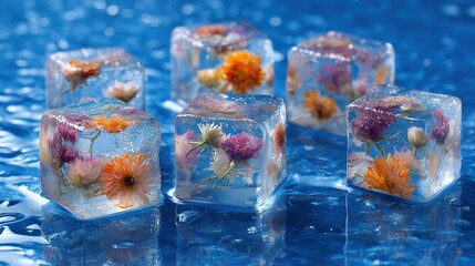 Ice cubes with embedded flowers on reflective blue surface
