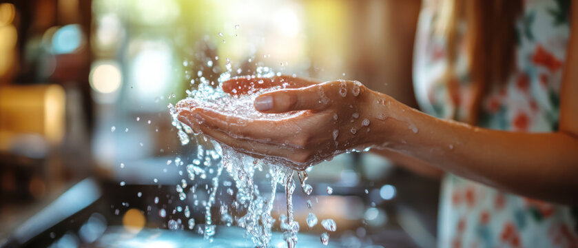 Person shows caution by washing hands with water to reduce fear of germs and mysophobia while sanitizer use is implied for cleanliness.
