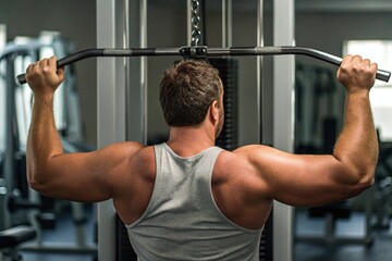 Naklejka premium Plus size man demonstrating strength training in a gym setting with a focus on back muscles and resistance equipment
