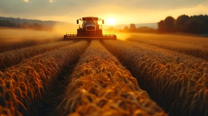 The sun sets over a wheat field as a combine harvests the golden crop.