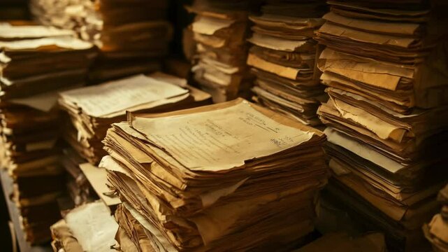 An ancient collection of weathered papers stacked in disarray, showcasing a forgotten archive filled with history, knowledge, and the passage of time