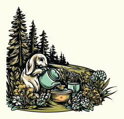 Whimsical Rabbit Watering Garden Surrounded by Lush Flora and Trees