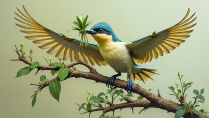 Eurasian Bee-eater with Nesting Material on Branch, Colorful Bird Photography, Wildlife Illustration, Animated Fauna Concept