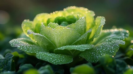 Close-up captures a vibrant green cabbage head covered in morning dew.