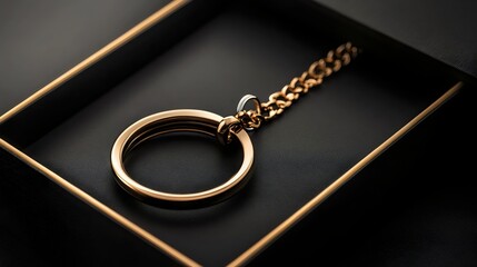 Elegant gold keyring with chain rests inside a luxurious black box, showcasing stylish design.