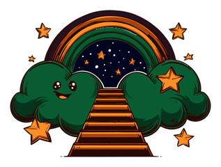 Whimsical Cartoon Scene with Clouds, Stars, and a Colorful Rainbow