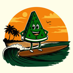 Cheerful Cartoon Watermelon Character Surfing at Sunset Illustration