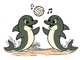 Joyful Dolphins Playing with a Beach Ball in Fun Illustration Style