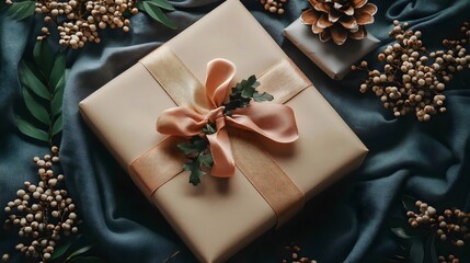 A beautifully wrapped gift box adorned with a peach satin ribbon and festive decorations.