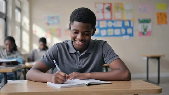 A young African boy smiles while writing in a notebook at a classroom desk. The background features colorful educational posters and other students engaged in learning. - Powered by Adobe