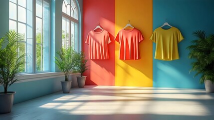 Colorful t-shirts displayed in a modern, minimalist interior with natural light.