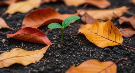 New life seedling growing in autumn leaves soil ground hope concept fresh start nature photography