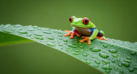 Obraz premium Red eyed tree frog on leaf with water droplets amphibian wildlife rainforest animal nature photography
