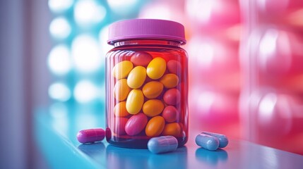 Red Jar Containing Colored Pills on Blue Surface