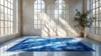 Sunlit interior showcasing a blue rug, tree, and large windows