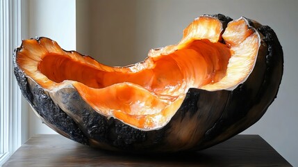 This beautiful wooden pumpkin sculpture displays incredible detail, color, and texture.