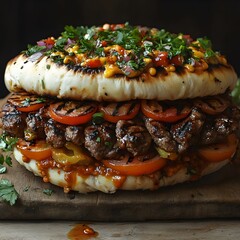 This gourmet burger, piled high with fresh ingredients, is a delicious meal.