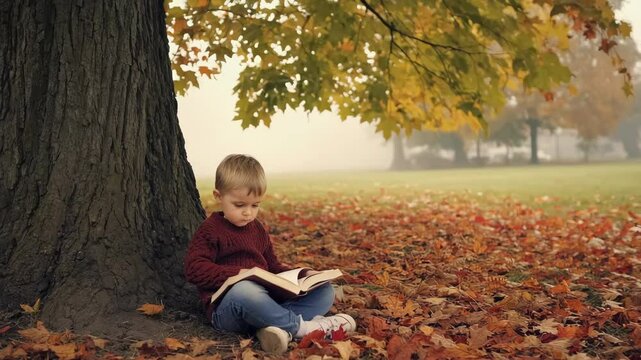 A young Caucasian boy with short blond hair sits under a tree, reading a book. The ground is covered with colorful autumn leaves. International Literacy Day